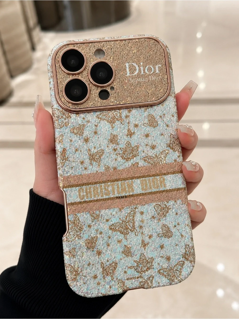 Dior Glitter Butterfly iPhone Case in Light Blue & Gold Accents